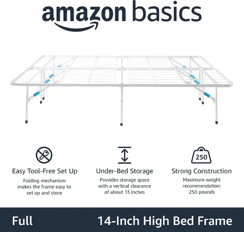 Vista 4 de Amazon Basics Armazón de Cama de Plataforma Full, Metal Plegable, Instalación sin Herramientas, 14 Pulgadas de Alto, Blanco