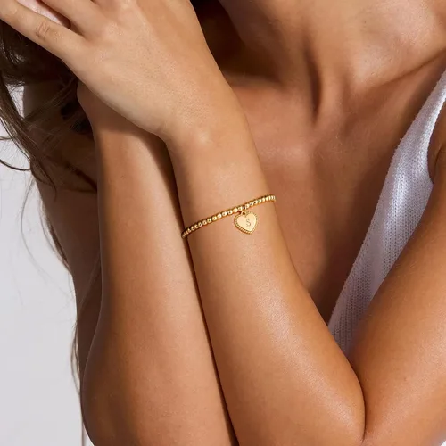 Vista 5 de Pulseras con iniciales de corazón de cuentas doradas para mujer, pulsera de bolas chapadas en oro de 14 quilates, dije de corazón hecho a mano