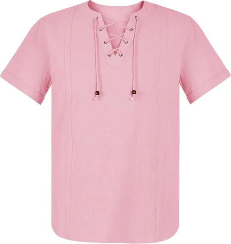 Vista 2 de Pengfei Camisas de lino de algodón para hombre, con cordones, cuello en V, casual, playa, hippie, camisas con cordón