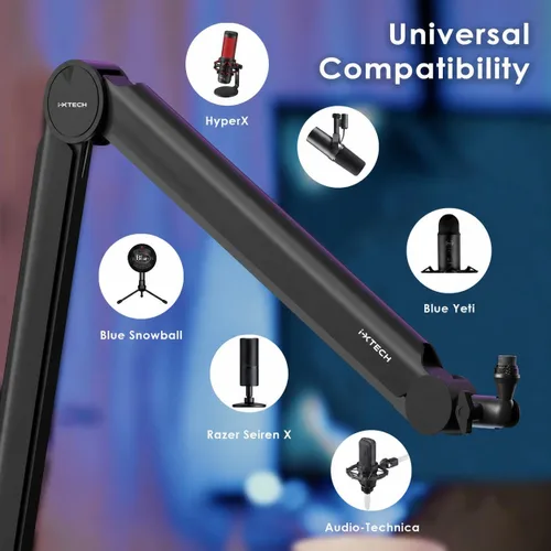 Vista 3 de IXTECH - Brazo de micrófono premium con soporte de escritorio, giratorio de 360°, totalmente ajustable, para podcast, video, juegos, radio, estudio