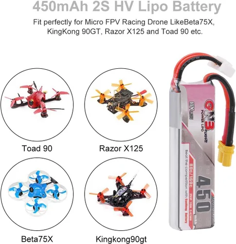 Vista 5 de Crazepony 2S HV LiPo Batería, 7.6V 450mAh 80/160C XT30 Plug para basureros Larva X Micro FPV Racing Drone Quadcopter - 2 piezas