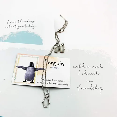 Vista 5 de Smiling Wisdom - Ojo de gato de cuarzo pingüino - Tarjeta de felicitación de amistad con pensamientos en ti - Juego de regalo de collar y aretes