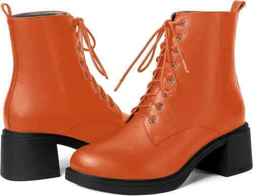 Vista 20 de ROSERWISH Botas altas de tacón bajo y grueso para mujer, con cordones, cómodas, modernas, con puntera redonda, de 2.5 pulgadas