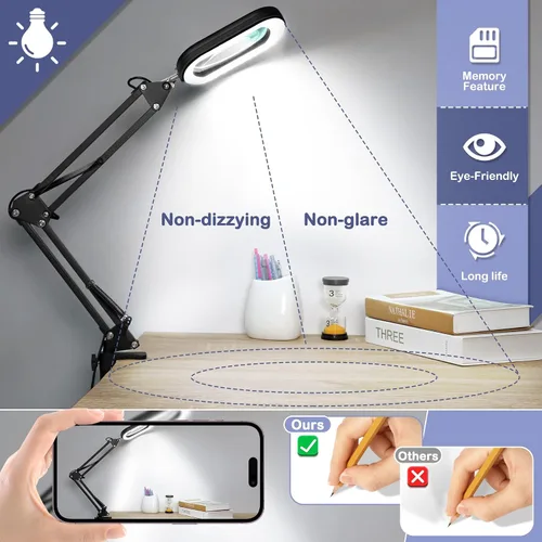 Vista 5 de Drdefi Lupa cuadrada de 10X con luz y soporte, lupa de cristal real iluminada con LED, 5 modos de color regulable continuo, lámpara de escritorio