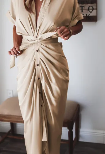 Vista 8 de Linsery Vestido camisero fruncido con botones para mujer, elegante vestido largo con cinturón