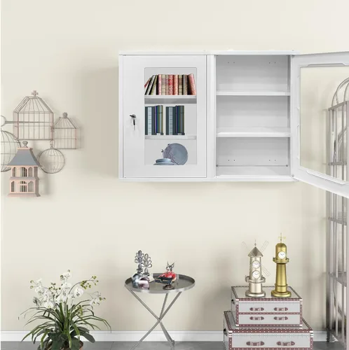 Vista 2 de JZD Gabinete de primeros auxilios de pared de metal con cerradura, caja de medicina con ventana acrílica bloqueable (no de vidrio), incluye 2