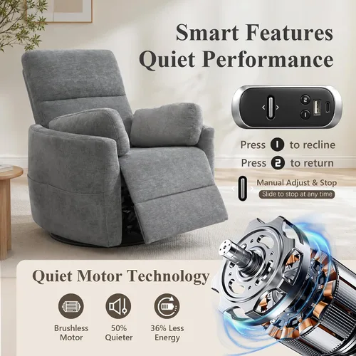 Vista 6 de Extra Wide Power Swivel Rocker Recliner Chair Nursery,Light Gray