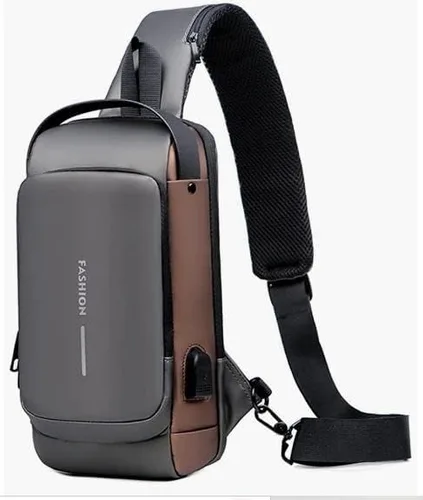 Vista 2 de Anti theft Crossbody Sling Bag,Waterproof Chest Daypack with USB Charging, Shoulder Backpack for Men and Women (Brown and Gray)