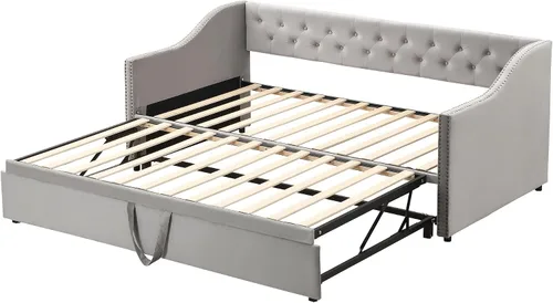 Vista 6 de Harper & Bright Designs Sofá cama extensible de terciopelo de tamaño individual con nido desplegable, marco de sofá cama individual a King con Gris