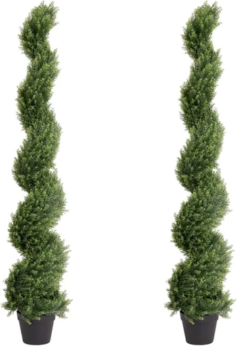 Vista 26 de THE BLOOM TIMES Juego de 2 árboles topiarios artificiales en espiral de 3 pies para exteriores, plantas de boj falsas de 36" para exteriores - Árbol