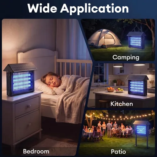Vista 7 de Exterminador solar de insectos 2026 al aire libre Impermeable: 4500 V Mosquito Zapper con panel solar de 14 W, Asesino de mosquitos de Negro