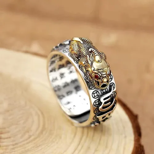 Vista 2 de RUIFUU Feng Shui Pixiu Mantra Anillo Lucky Wealth Love Health Anillo Budista Joyería para Hombres Mujeres, Cobre, oro, plata