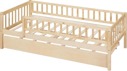 Vista 7 de Sofá cama individual con nido, marco de cama infantil de madera tamaño individual con valla, cama nido individual para niñas, niños, cama de Natural