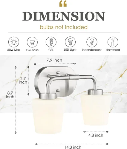 Vista 3 de AD-22004-2W-SN - Lámparas de baño sobre espejo, 2 luces de níquel cepillado con vidrio blanco leche, apliques de pared vintage de granja