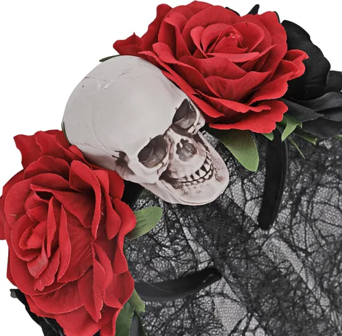 Vista 5 de HOWAF Diadema de Halloween, Día de los Muertos, tocado de rosa para festival, cosplay, diadema floral de Halloween, mujeres y adultos, accesorio