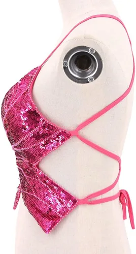 Vista 6 de Top corto de lentejuelas brillantes para mujer, diseño de mariposa, con purpurina brillante, para danza del vientre