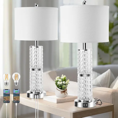 Vista 9 de Juego de 2 lámparas de mesa de granja de 27.5 pulgadas, lámparas rústicas de dormitorio para mesita de noche con carga USB doble, lámparas