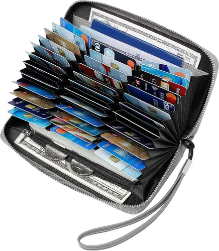 Vista 2 de OIDERY Cartera para tarjetas de crédito de gran capacidad para mujer, bloqueo RFID con correa extraíble