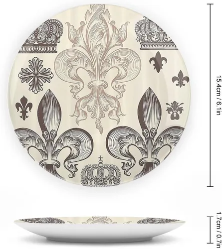 Vista 2 de Plato decorativo de 6 pulgadas, plato de cena de flor de lis, patrón heráldico, escudo de armas, placa de exhibición de adorno para mesa de comedor