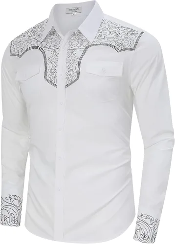 Vista 4 de TURETRENDY Camisa vaquera occidental para hombre, de manga larga, de algodón, bordada, informal, con botones, con bolsillos