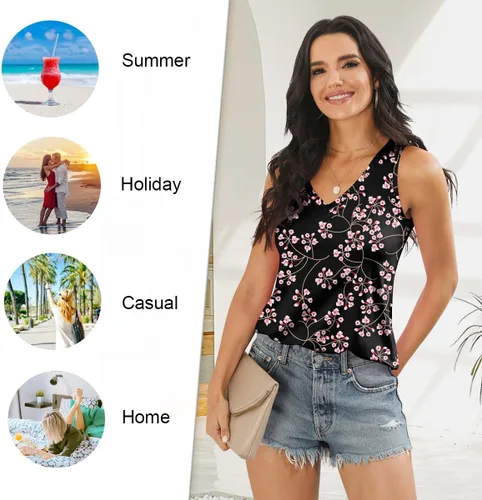 Vista 4 de LONGYUAN - Camisetas sin mangas de verano para mujer con diseño casual y holgado, blusa tipo túnica con cuello en V y aberturas laterales