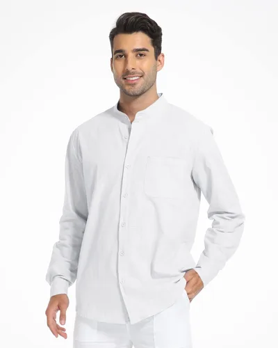 Vista 4 de Camisas de algodón y lino de manga larga para hombre, con botones, para playa, yoga, informal, para verano