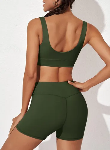 Vista 4 de Aleumdr Trajes de dos piezas para mujer, trajes de entrenamiento, brasier deportivo con pantalones cortos de yoga cruzados