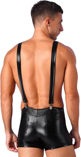Vista 3 de Overol corto metálico brillante para hombre, con correas ajustables, enterizo de una pieza para fiesta, vestido elegante para club