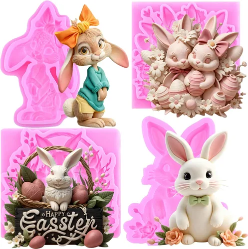 Vista 5 de Mujiang Molde para fondant de conejo, orejas de conejo de Pascua, moldes de silicona para decoración de pasteles, juego de 4