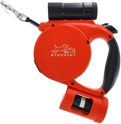 Vista 8 de Correa retráctil para perro de 360° sin enredos con linterna, dispensador y bolsa de excrementos, cinta de nailon resistente para perros pequeños