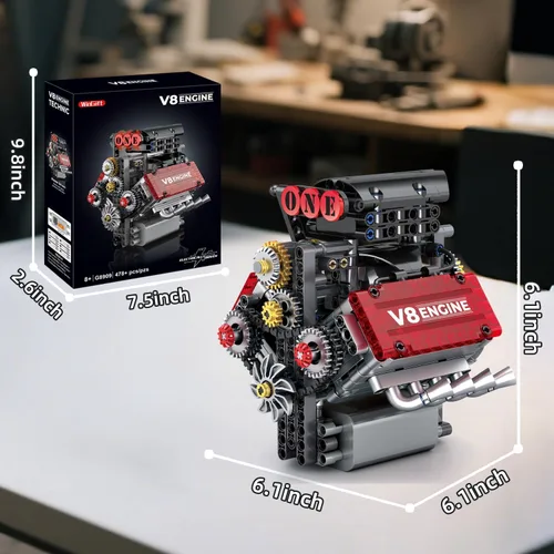 Vista 8 de Juego de construcción de motor V8, kit de modelo de motor V8 que funciona, construye tu propio kit de motor STEM Mini V8 con batería y motor, motor