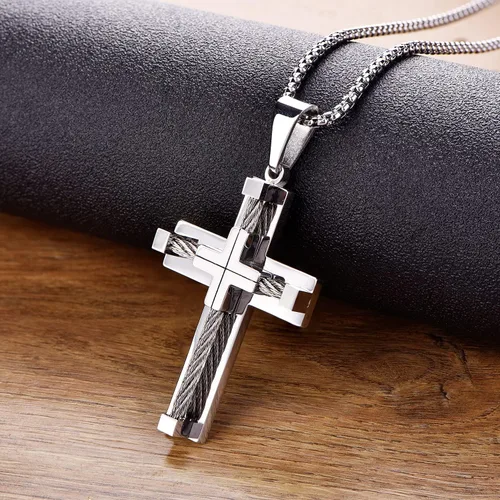 Vista 5 de YL Collar de cruz para hombre de acero inoxidable 316L con dije grande de Jesucristo blancooronegro para joyería Rolo de 20 pulgadas, 22 pulgadas