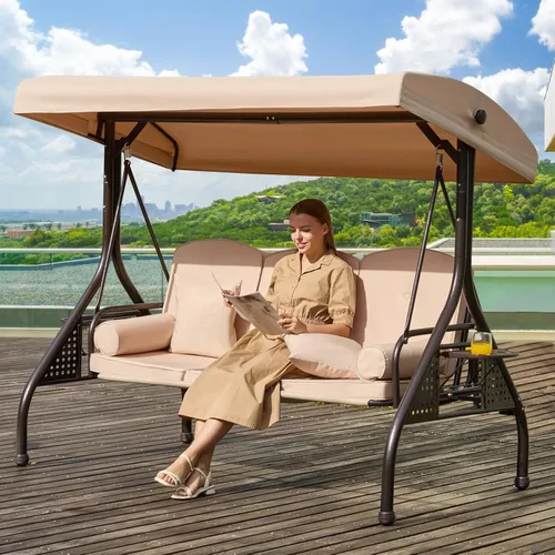 Vista 16 de Columpio de porche para exteriores 3 en 1 con toldo ajustable, columpio de 3 asientos para adultos, columpio de patio con cojines gruesos, almohadas
