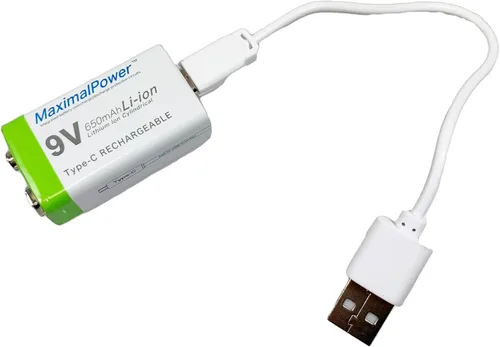 Vista 8 de MaximalPower Batería recargable de iones de litio de 9 V de 650 mAh con cable de carga USB tipo C para detectores de humo, alarma digital, pedales