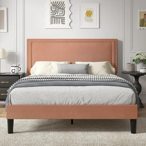 Vista 83 de VECELO Base de cama de plataforma de tamaño individual con cabecera tapizada de altura ajustable, base de colchón moderna, soporte de listones