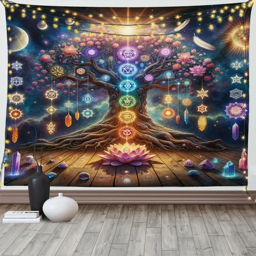 Vista 185 de Ambesonne Tapiz hippie, abrazo de hongos de ensueño y árbol de la vida místico y mandal verde, decoración de tela para colgar en la pared
