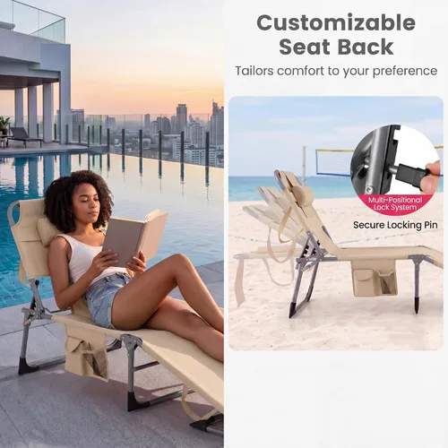 Vista 8 de Goplus Silla bronceadora, silla de playa plegable con agujero para cara y brazo, posición ajustable, almohada extraíble, bolsillo lateral, silla