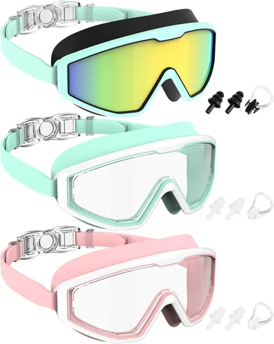 Vista 18 de NSSIW Gafas de natación para niños, antiniebla, sin fugas, con clip para la nariz, tapones para los oídos para niñas, niños y jóvenes, 6-14, paquete