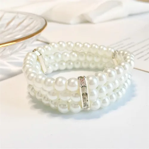 Vista 8 de Pulsera de perlas de imitación de 3 filas para mujeres y niñas, vintage, multicapa, con diamantes de imitación, pulsera elástica de perlas