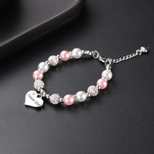 Vista 5 de Vinjewelry Pulsera de flores para niñas, bolas de perlas y diamantes de imitación, regalos para niñas de flores, uso en fiesta de boda, Metal