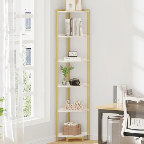 Vista 23 de Hzuaneri - Estantería de esquina, estante de libros de esquina, unidad de estante de almacenamiento con marco de metal, soporte para plantas