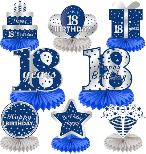 Vista 9 de 8 centros de mesa de panal azul plateado para décimo cumpleaños de niños, suministros de fiesta de cumpleaños para decoración de mesa, decoración