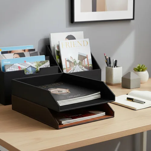 Vista 5 de UnionBasic Bandeja apilable de papel para documentos, bandeja organizadora de archivos de escritorio de piel sintética, color negro