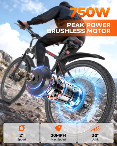 Vista 2 de Totem Bicicleta Eléctrica para Adultos, 750W Pico 26" Bicicleta Eléctrica para Hombres Mujeres Adolescentes con Batería 375WH, 21 Velocidades 20Mph