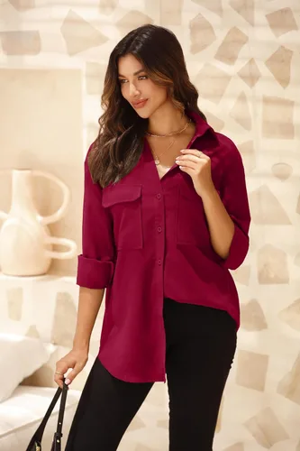 Vista 3 de TASAMO Camisas con botones para mujer, con hombros caídos, de gran tamaño, manga larga, con bolsillo