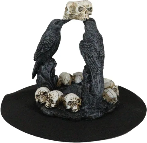 Vista 2 de Ebros Gift Gótico Macabre Quoth The Raven Nevermore Trio 3 Ravens with Skulls Backflow Incienso Cono Quoth Figurine Ravens Crows Wicca Brujería