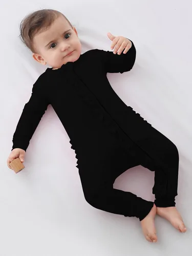 Vista 4 de GUISBY Rayon - Mameluco de manga larga para bebé, sin pies, cremallera de 2 vías con volantes, para dormir de 0 a 24 meses Negro
