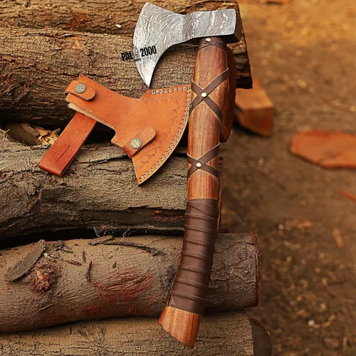 Vista 5 de AX-9436 - Hacha vikinga de acero de Damasco forjada para regalo personalizado de 18 pulgadas, con eje de madera de rosa, hacha de camping barbuda
