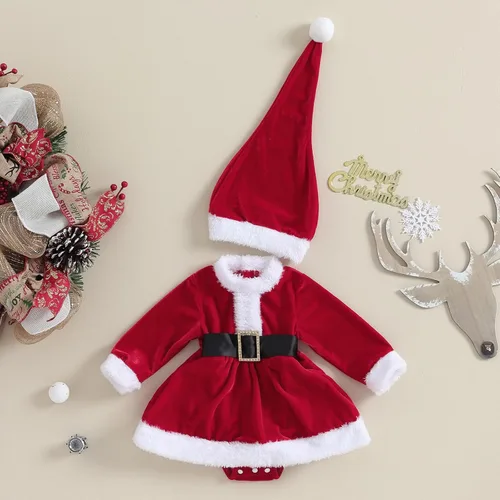 Vista 2 de Mameluco de Navidad para bebé recién nacida, vestido de terciopelo rojo, 2 piezas, ropa de Navidad para bebé