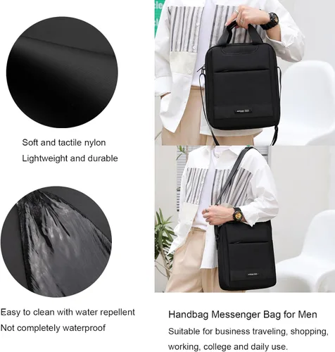 Vista 6 de zhongningyifeng Bolso bandolera de nailon para hombre, A4, impermeable, casual, negro, para trabajo, viajes, al aire libre, Negro
